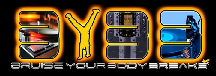 Bruise Your Body Breaks official logo, BYBB letters with turntable and Pioneer mixer imagery, orange and blue neon glow on black